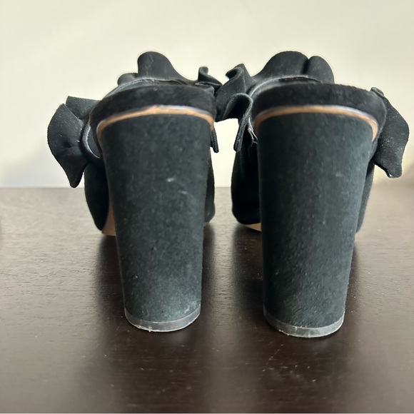 Rebecca Minkoff Jaxon Mules Black Suede Ruffled Heels Sandals - Picture 5 of 9